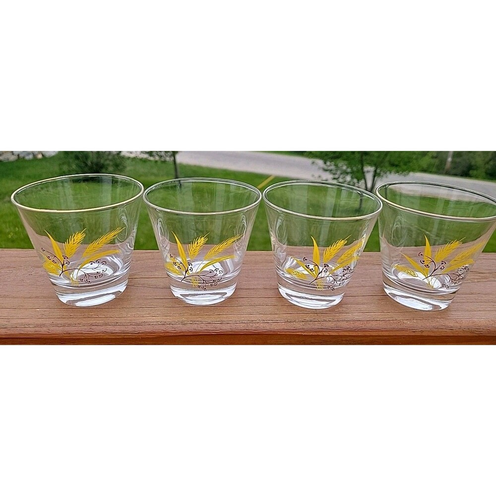 Vintage Set of 4 Homer Laughlin Whiskey Glasses Golden Wheat Design MCM Gold Rim